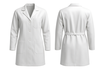 Realistic Front and Back View of a White Laboratory Coat on Transparent Background