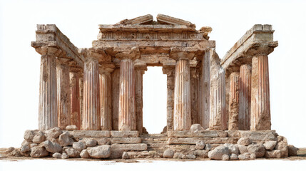 Fototapeta premium Weathered ancient temple ruins stand against a bright white backdrop, evoking history.