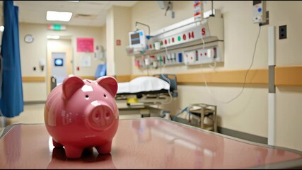 Conceptual image of a pink coin bank placed before a hospital bed gurney and monitors, conveying the idea of healthcare savings and expense planning.