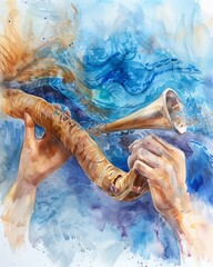 a close-up of hands holding a shofar during Rosh Hashanah, with the sound waves depicted artistically