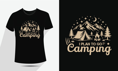 Vintage Camping and Mountain T-Shirt Design, Vector Outdoor Nature Adventure Badge with Tent, Fire, and Moon