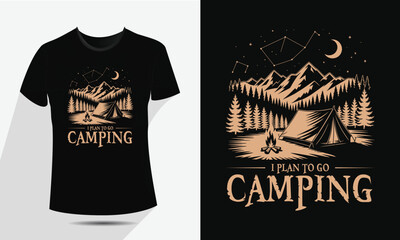 Vintage Camping and Mountain T-Shirt Design, Vector Outdoor Nature Adventure Badge with Tent, Fire, and Moon