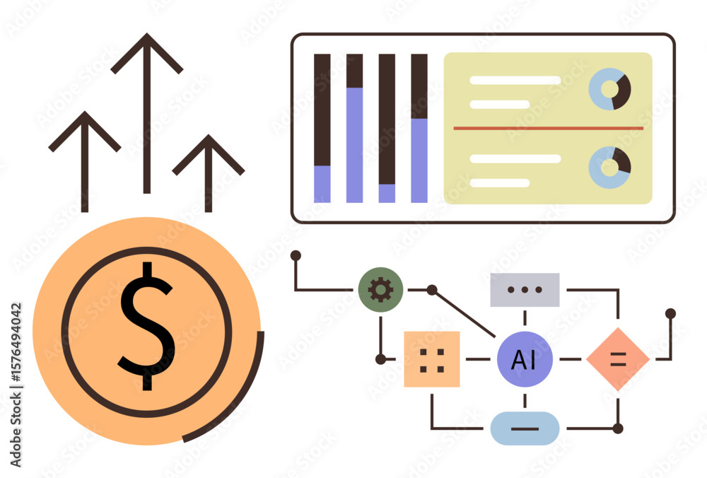Poster rising arrows beside a dollar sign, a data panel with graphs and charts, and ai-driven flowchart con