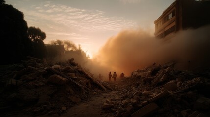 Aftermath of massive earthquake with collapsed buildings and dusty skyline