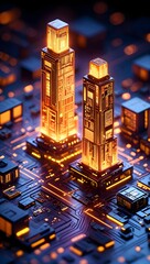 Obraz premium Futuristic Cityscape on Circuit Board Background