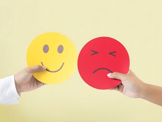 
Hands holding happy and angry face paper, feedback rating , customer review, Emotional intelligence, balance emotion control,mental health