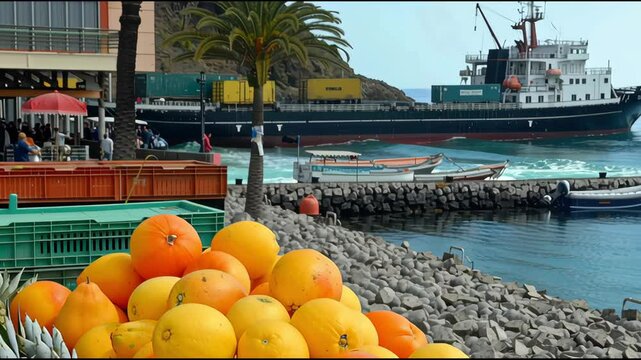 Vivid arrangement of citrus fruits and pineapples in crates at a seaside market quay, backed by palm trees, shipping containers, and a docked freighter representing international trade.
