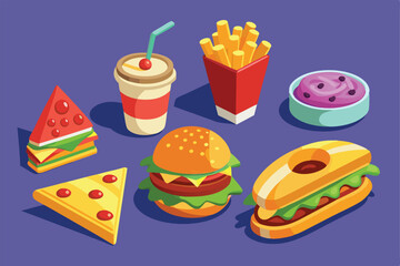 Illustrated fast food items including a burger, pizza, and fries on a purple background. Features vibrant colors and playful design, perfect for culinary themed creative projects.