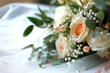 Beautiful Wedding Bouquet Featuring Peach Roses and Delicate Greenery Arranged for a Special Celebration