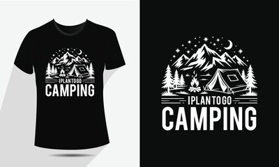 Vintage Camping and Mountain T-Shirt Design, Vector Outdoor Nature Adventure Badge with Tent, Fire, and Moon