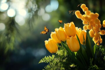 Colorful Butterfly Flying Near Vibrant Yellow Tulips During Sunny Spring Afternoon