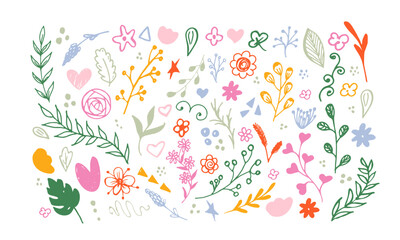 Contemporary abstract minimal tattoo flower stickers. Vector illustration. Ink hand drawn wild flowers set. Abstract plants art in charcoal or crayon drawing style. Pencil drawn floral elements.