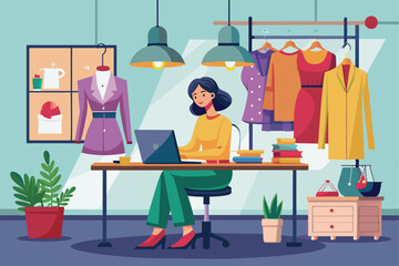 Illustration of a woman fashion designer working at her desk in a creative studio. Surrounded by clothes, sketches, and decorations, she embodies creativity and focus in the fashion industry.