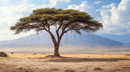 The lonely tree of acacia stands in the middle of African savannah against the backdrop of majestic mountains and blue sky with fluffy clouds.