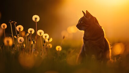 Silhouette of Cat Gazing at Dandelions at Sunset
