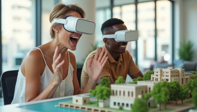 Excited couple experiencing virtual reality together