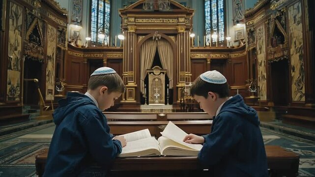 Jewish children studying in a synagogue.