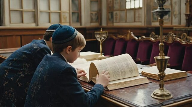 Jewish children studying in a synagogue.