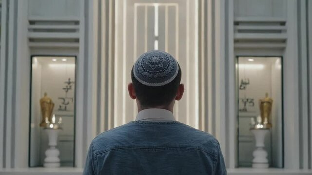 Jewish man wearing a kippah in a synagogue.