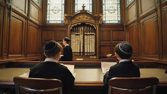 Jewish children studying in a synagogue.