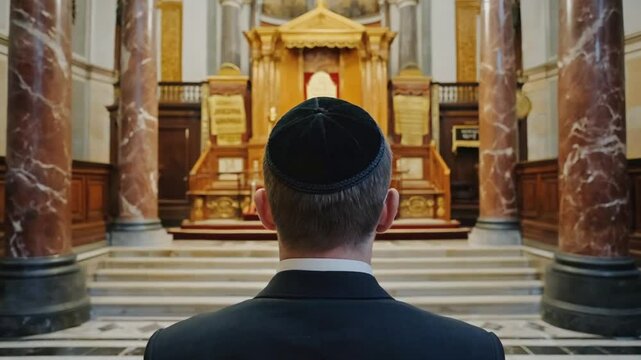 Jewish man wearing a kippah in a synagogue.