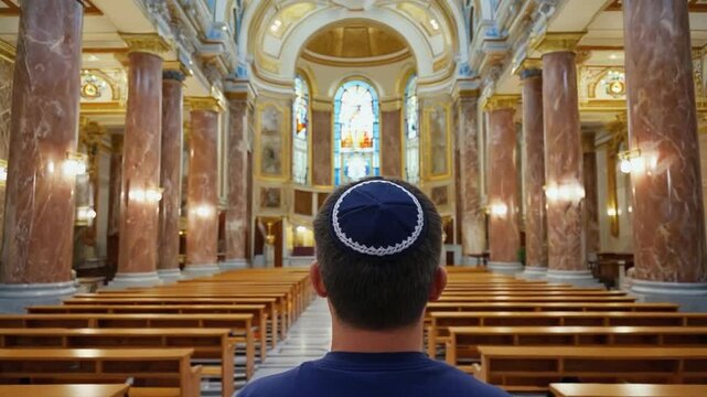 Jewish man wearing a kippah in a synagogue.