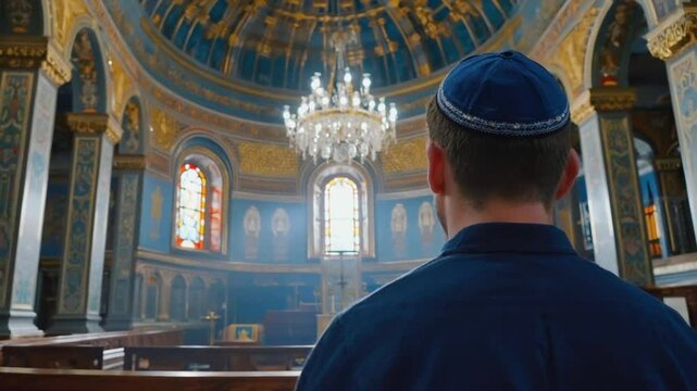 Jewish man wearing a kippah in a synagogue.