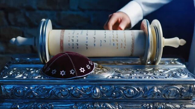 Kippah and Torah in a synagogue.