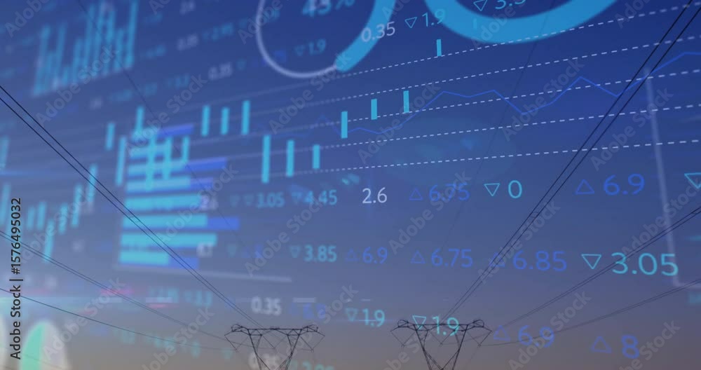 Poster starting candlestick chart fluctuating, bar chart sliding in, towers appearing showing data overlay