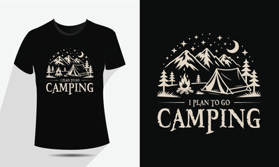 Vintage Camping and Mountain T-Shirt Design, Vector Outdoor Nature Adventure Badge with Tent, Fire, and Moon