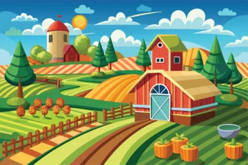  A vibrant cartoon illustration featuring a farm with a barn, trees, fields, and pumpkins. The bright colors and clear skies create a cheerful and lively rural scene. © Aupurbo