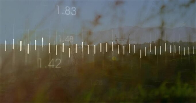 White digital graph arising over field and starting ticks forming line chart showing data trends