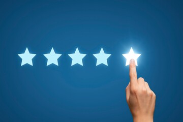 Customer Feedback and Satisfaction Rating Concept with Five Stars Review System and Finger Pressing on Rating Interface for Quality, Review, and Feedback