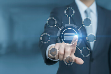 Businessman Using Digital Payment Technology and Financial Services with Virtual Banking Interface on Touchscreen Network