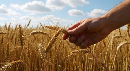 Farmer's hand inspecting wheat in the field, concept of harvest and agriculture