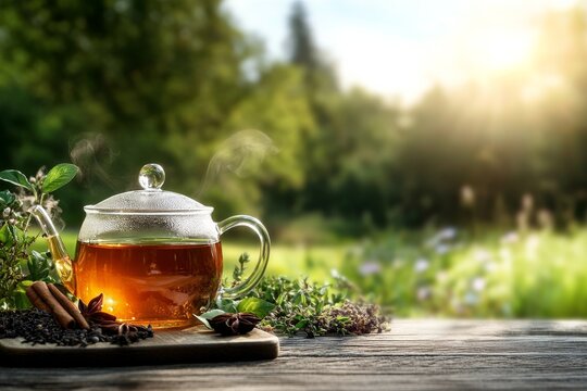 Warm Herbal Tea Brewed in Nature During Golden Hour With Steam Rising