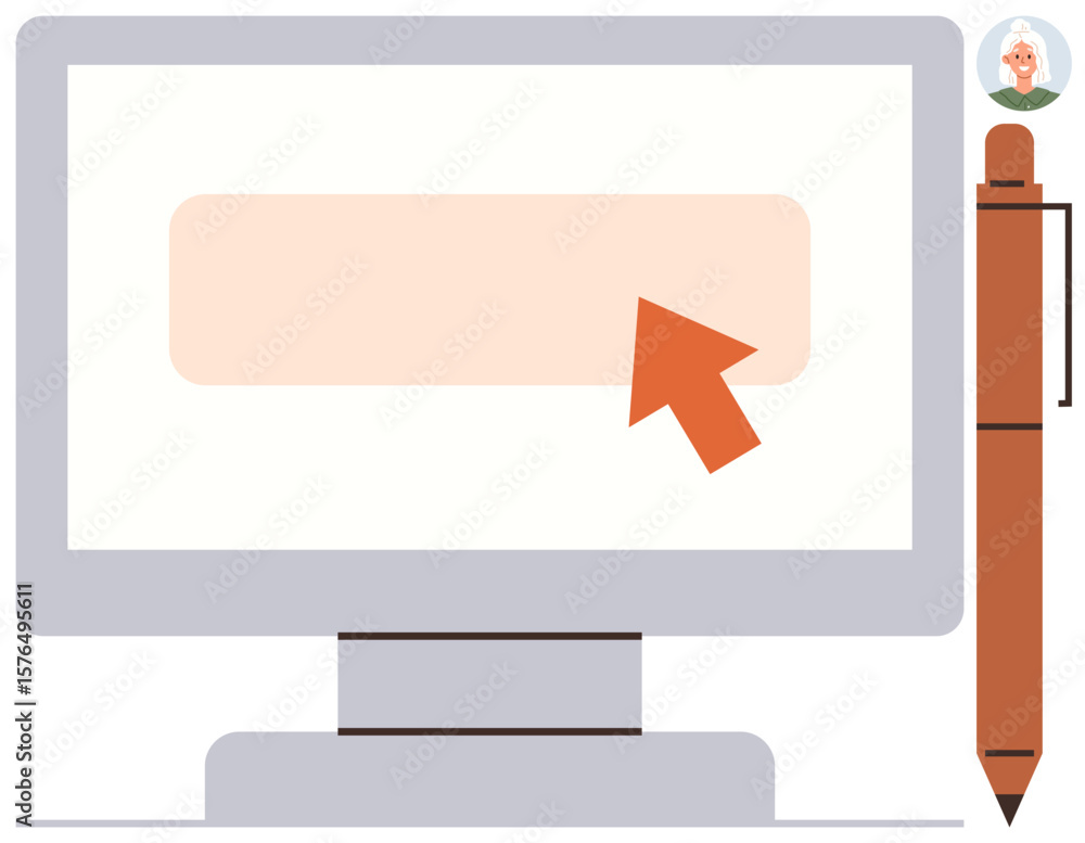 Poster desktop screen displaying highlighted button with cursor, pen icon on the side, minimal profile icon