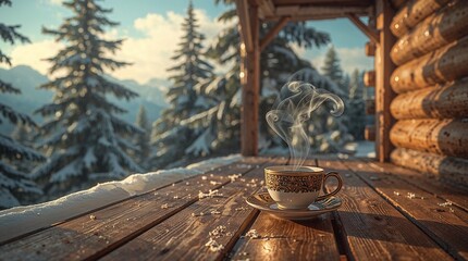 Espresso cup steaming on a wooden porch of a snowy cabin, pine trees in background, early morning winter light, peaceful mountain retreat feeling, cinematic scenery
