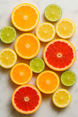 Obraz premium Sliced citrus fruits on white marble background 