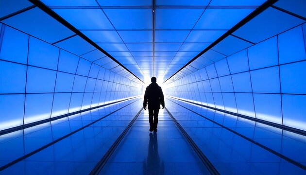 Fototapeta Silhouette of a person walking down a vibrant blue tunnel