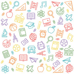 Seamless pattern of colorful school icons. Back to school.