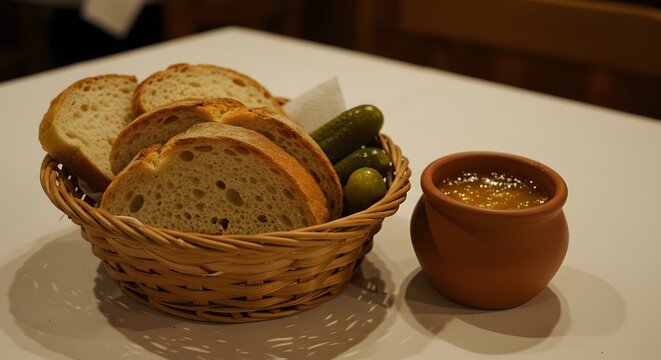 A woven basket of chleb with smalec and pickles on a restaurant table