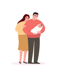 Married couple lovingly holding their baby. Mom and dad with a newborn. Vector flat graphics.