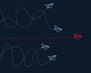 Leadership or different concept. Business investment to success. Red and blue paper airplane route line on dark blue background.
