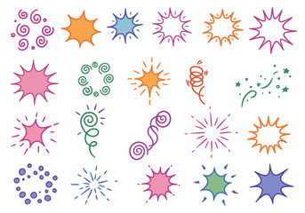 A collection of whimsical hand drawn burst shapes and confetti creating celebration graphic elements