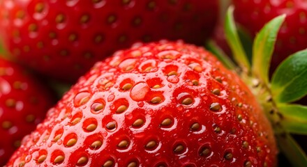 Close-up of ripe strawberries with water droplets, macro photography style