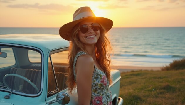 Fototapeta Joyful woman in a sun hat smiles beside a vintage car at sunset