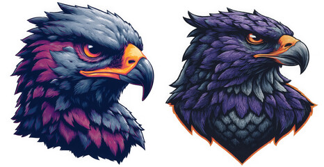 Closeup portraits of two fierce eagles with detailed feathers and sharp beaks, isolated on a transparent background