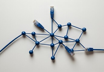 A network of blue spheres connected by lines and cables, representing data flow.