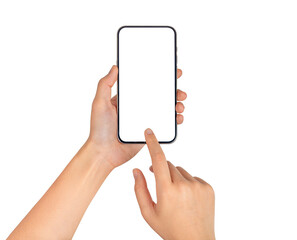 Hand using smartphone with blank screen isolated on transparent PNG.